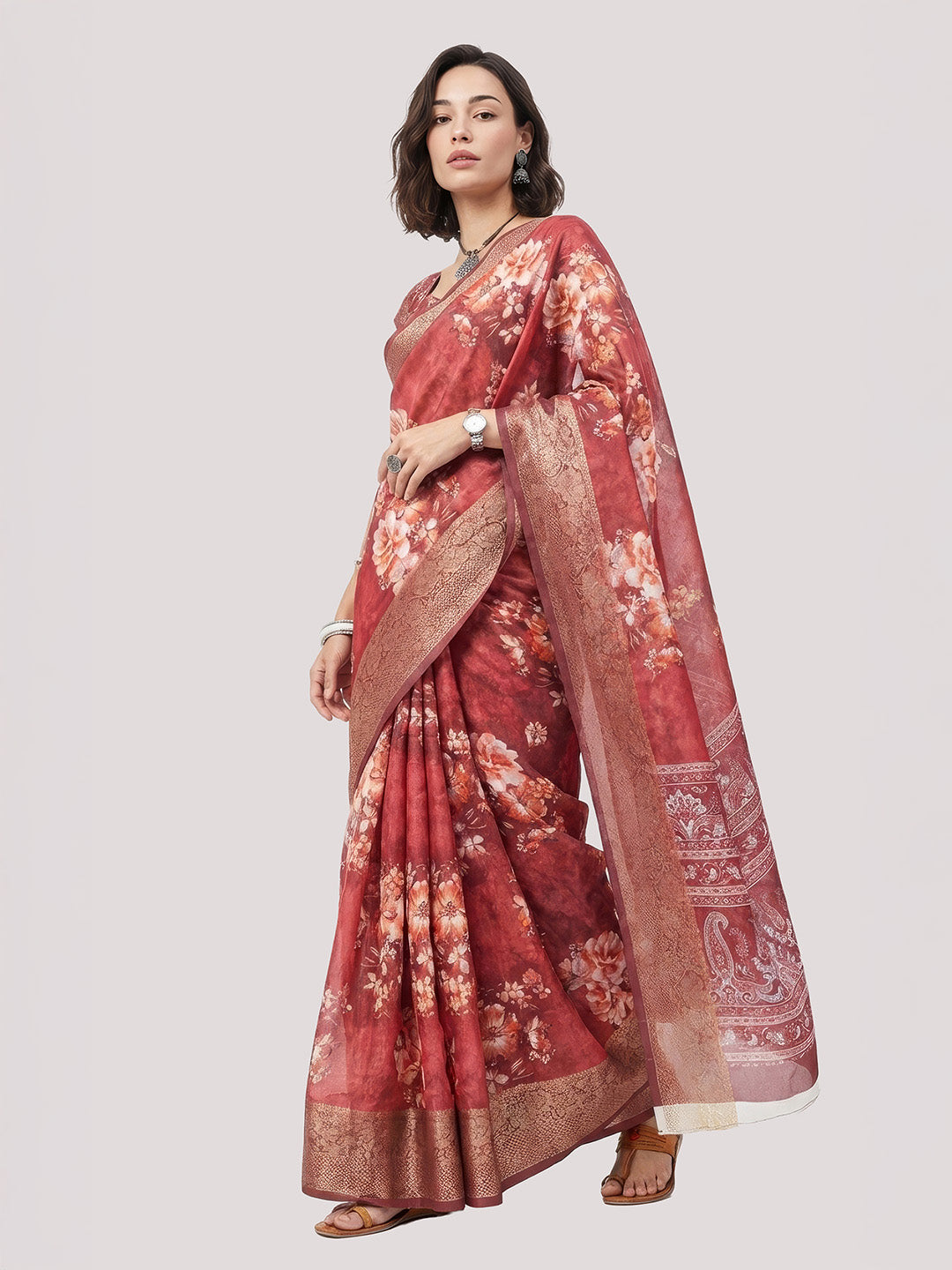 Janasya Women's Maroon Silk Blend Ready To Wear Floral Printed Saree With Unstitched Blouse