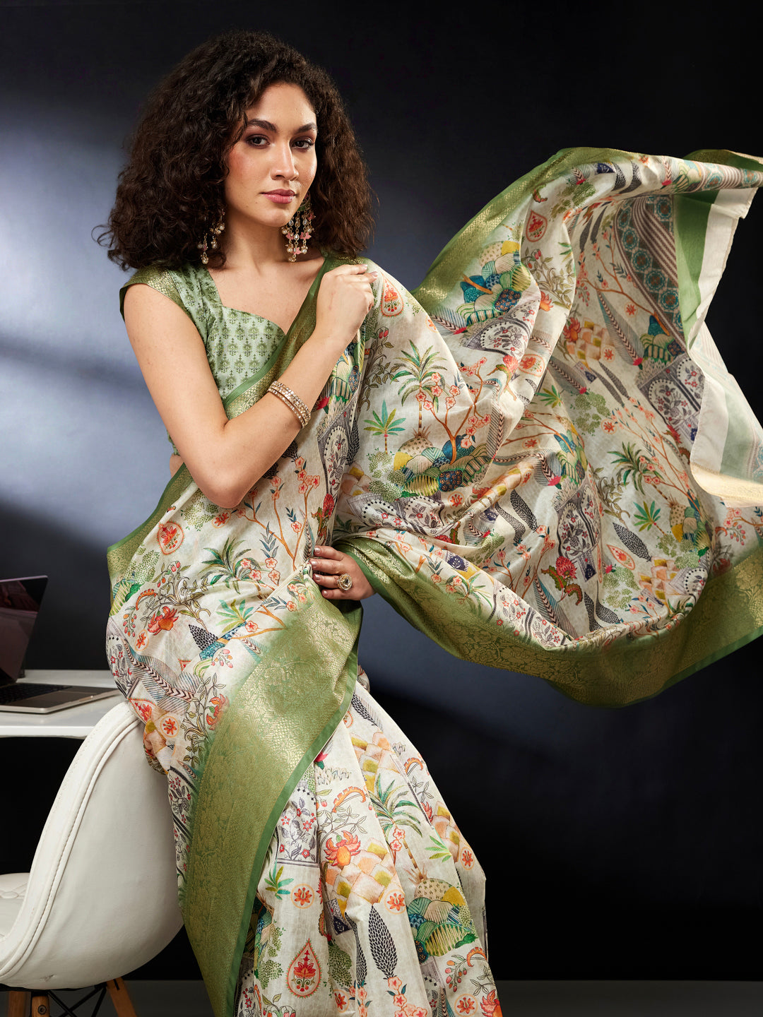 Janasya Women's Light Green Silk Blend Ready To Wear Ethnic Printed Saree With Unstitched Blouse