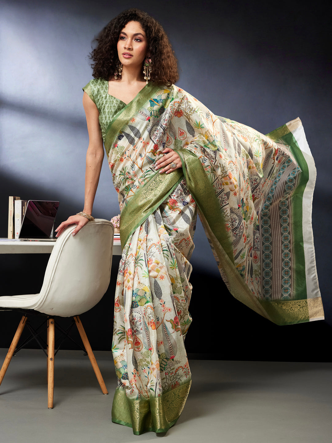 Janasya Women's Light Green Silk Blend Ready To Wear Ethnic Printed Saree With Unstitched Blouse