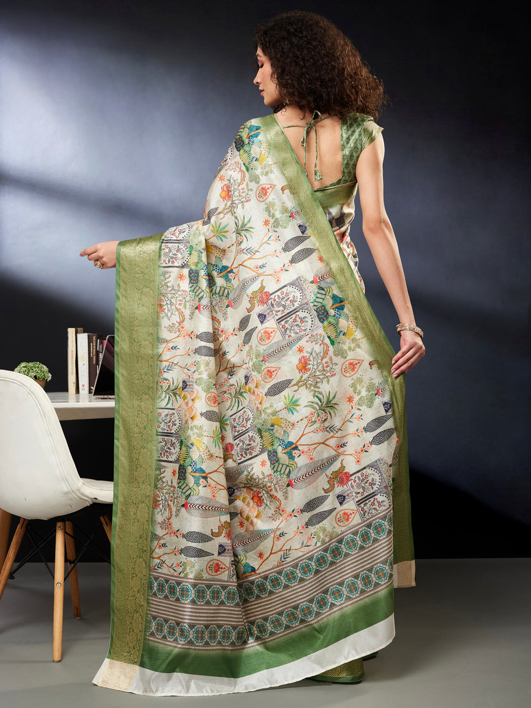 Janasya Women's Light Green Silk Blend Ready To Wear Ethnic Printed Saree With Unstitched Blouse