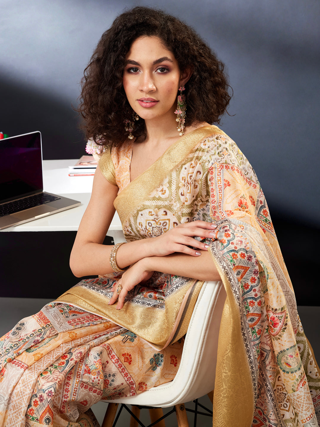 Janasya Women's Multicolor Silk Blend Ready To Wear Floral Printed Saree With Unstitched Blouse