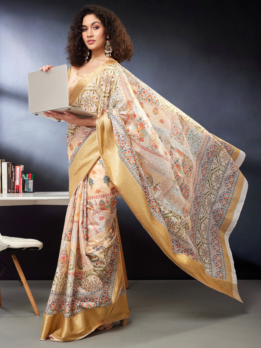 Janasya Women's Multicolor Silk Blend Ready To Wear Floral Printed Saree With Unstitched Blouse