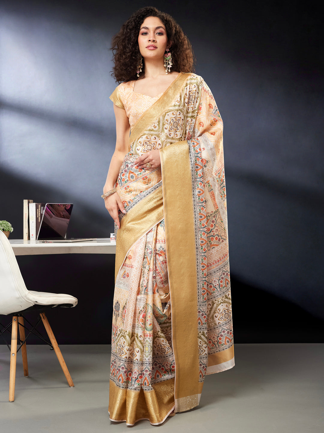 Janasya Women's Multicolor Silk Blend Ready To Wear Floral Printed Saree With Unstitched Blouse