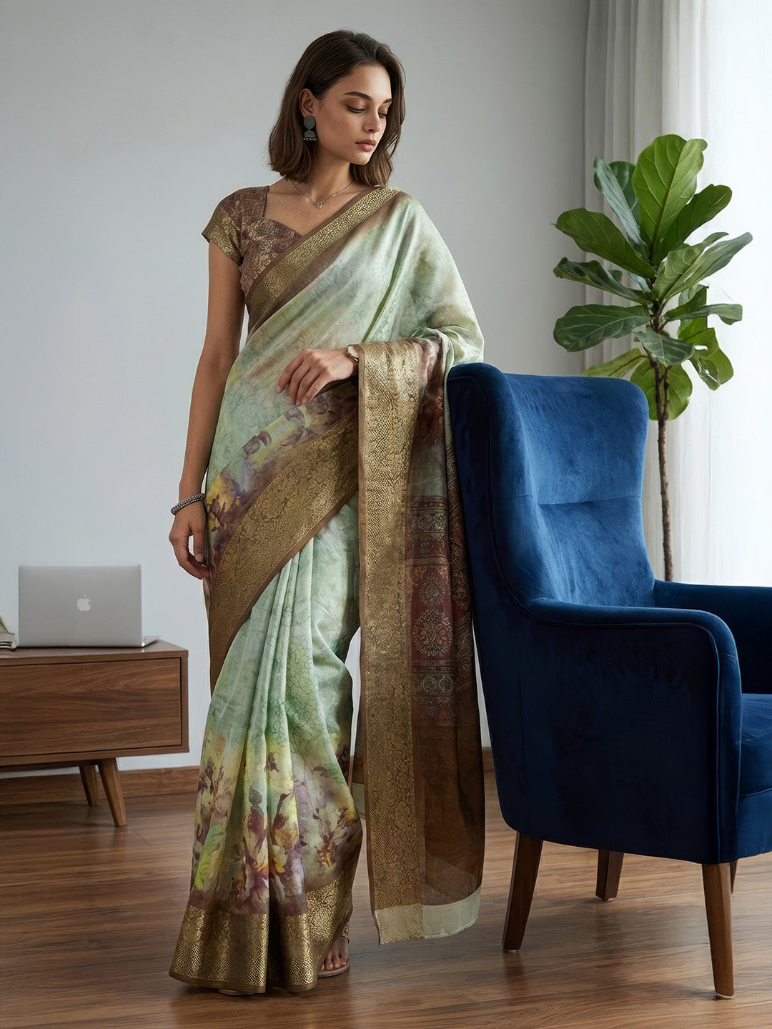 Janasya Women's Sage Green Silk Blend Ready To Wear Floral Printed Saree With Unstitched Blouse