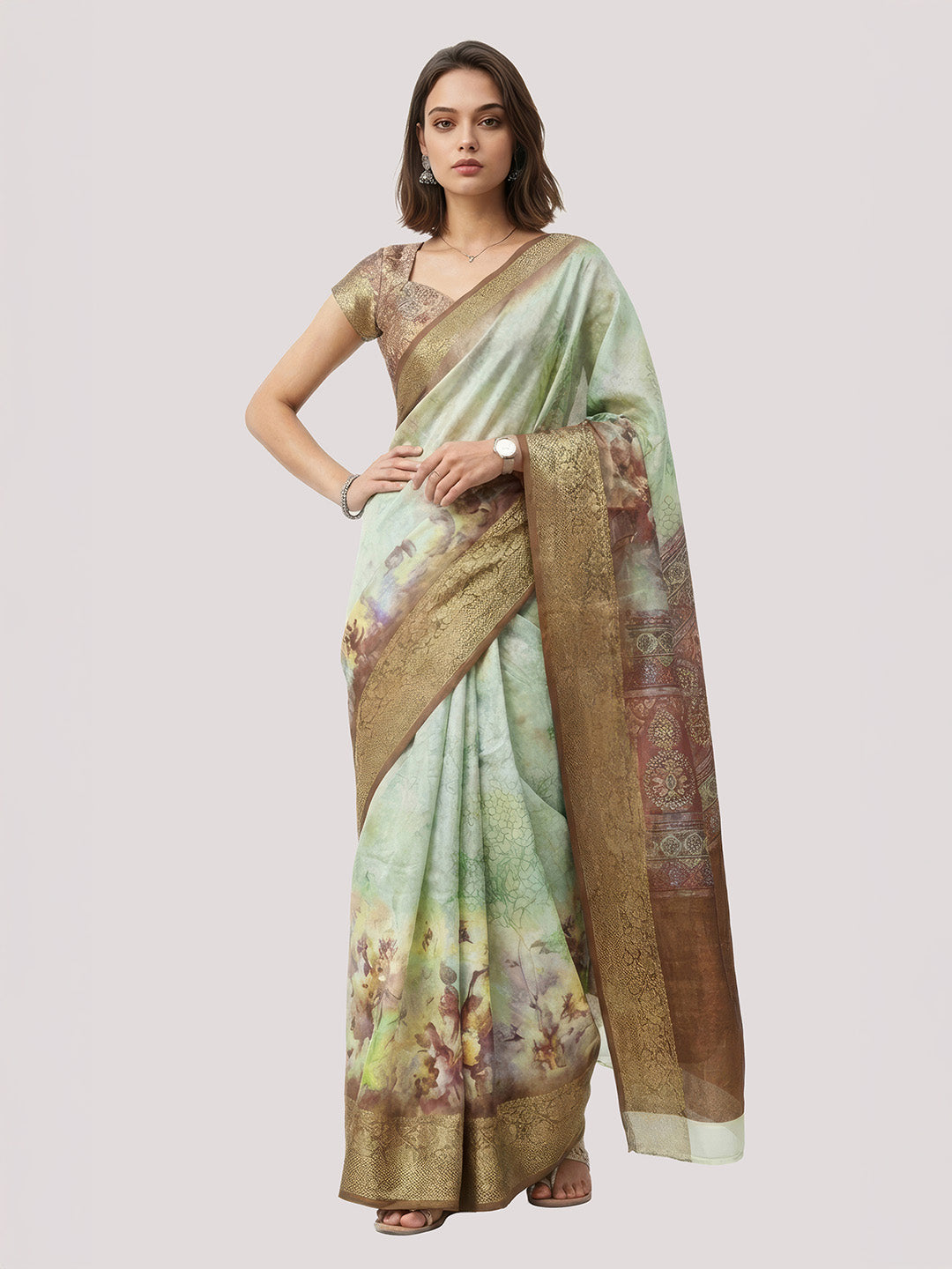 Janasya Women's Sage Green Silk Blend Ready To Wear Floral Printed Saree With Unstitched Blouse