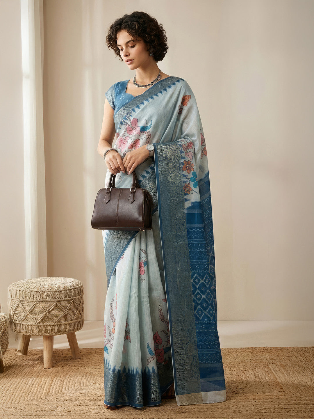 Janasya Women's Blue Silk Blend Ready To Wear Floral Printed Saree With Unstitched Blouse