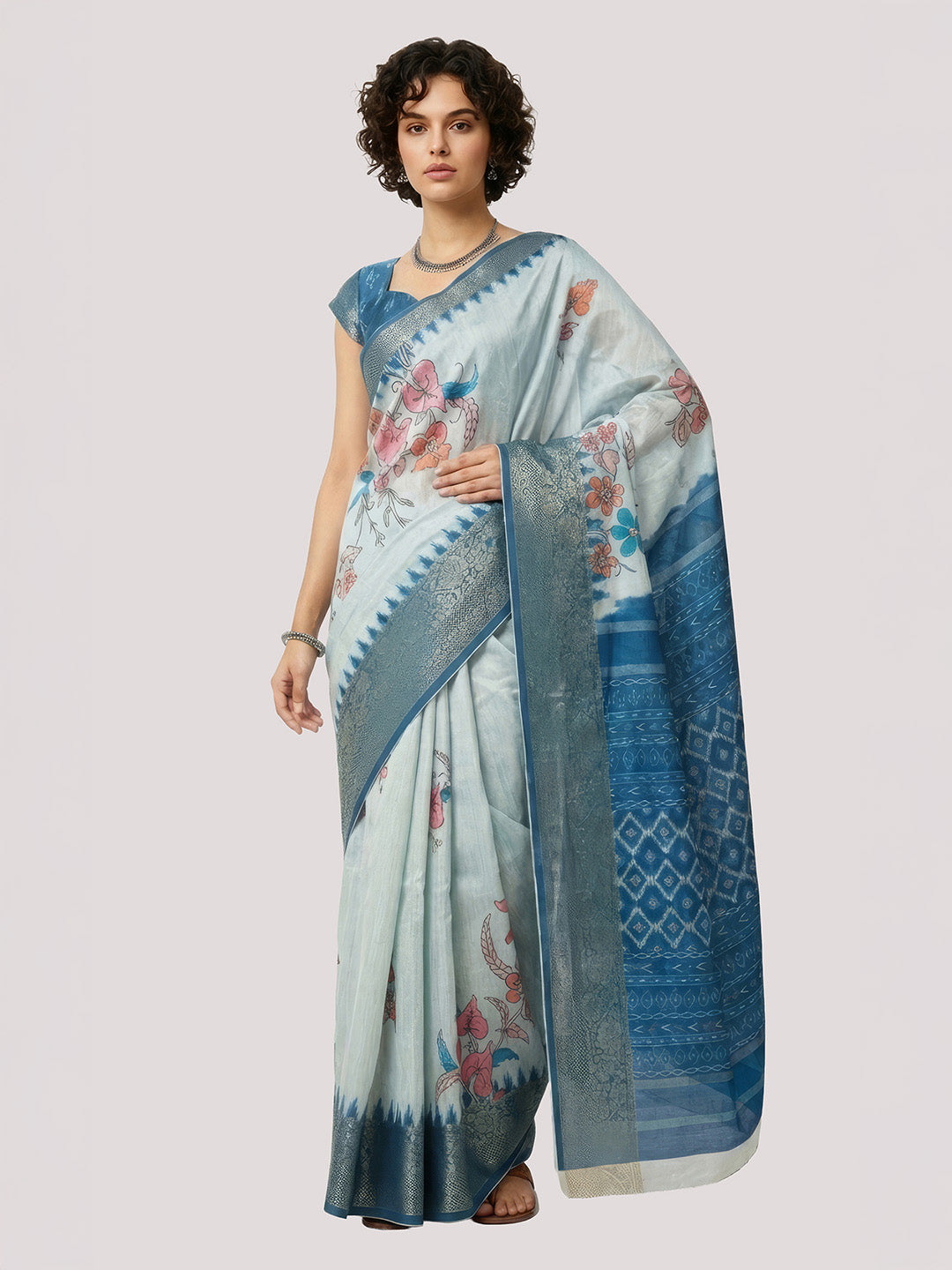Janasya Women's Blue Silk Blend Ready To Wear Floral Printed Saree With Unstitched Blouse