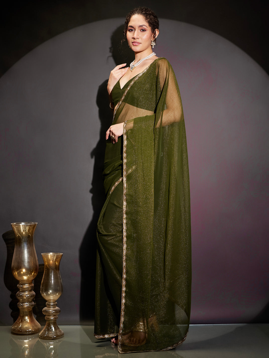 Janasya Women's Olive Silk Blend One-Minute Ready-to-Wear Embellished Shimmer Saree with Unstitched Blouse