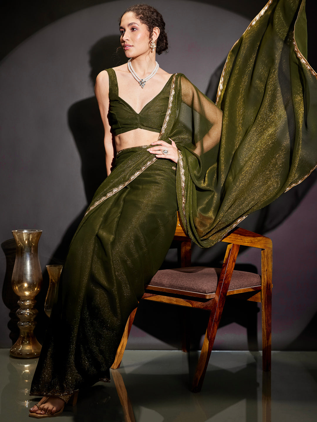 Janasya Women's Olive Silk Blend One-Minute Ready-to-Wear Embellished Shimmer Saree with Unstitched Blouse