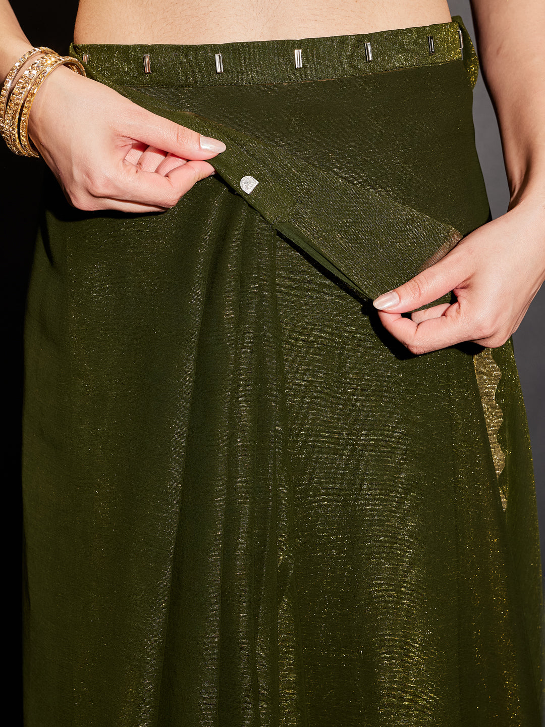 Janasya Women's Olive Silk Blend One-Minute Ready-to-Wear Embellished Shimmer Saree with Unstitched Blouse