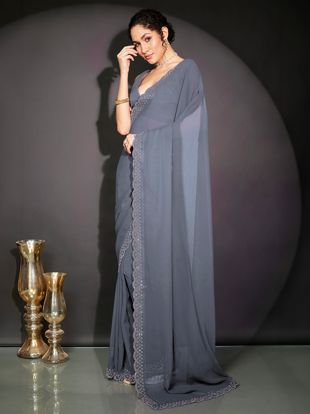 Janasya Women's Grey Georgette Ready To Wear Embellished Saree with Unstitched Blouse
