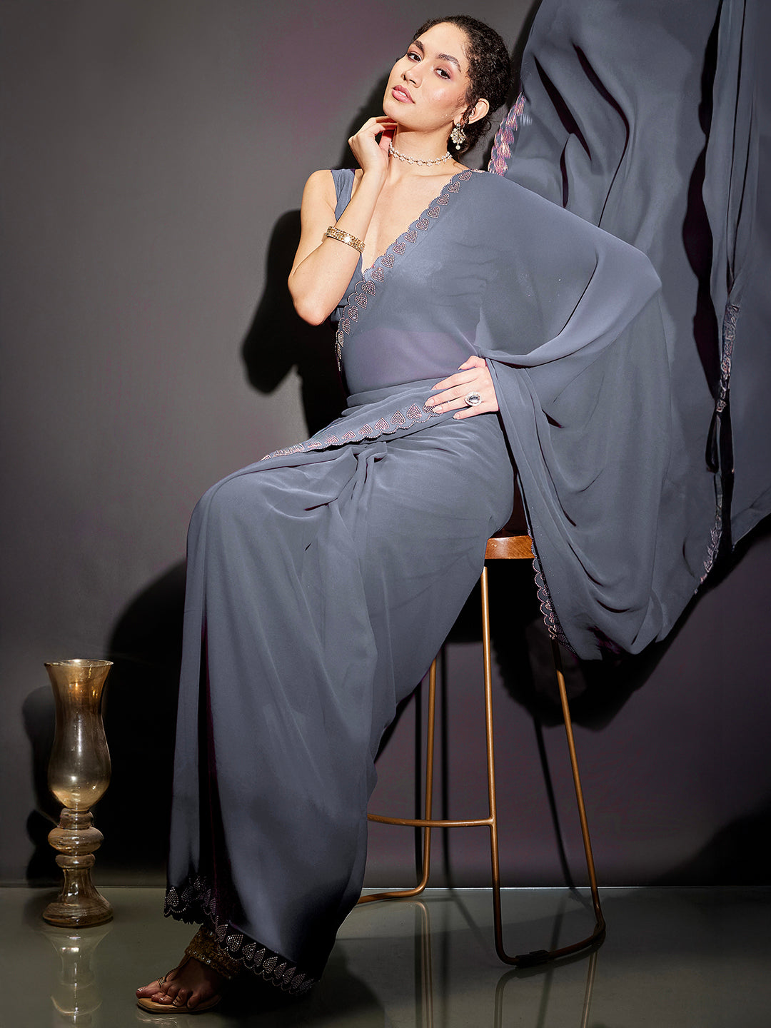 Janasya Women's Grey Gorgette Ready To Wear Embellished Saree with Unstitched Blouse
