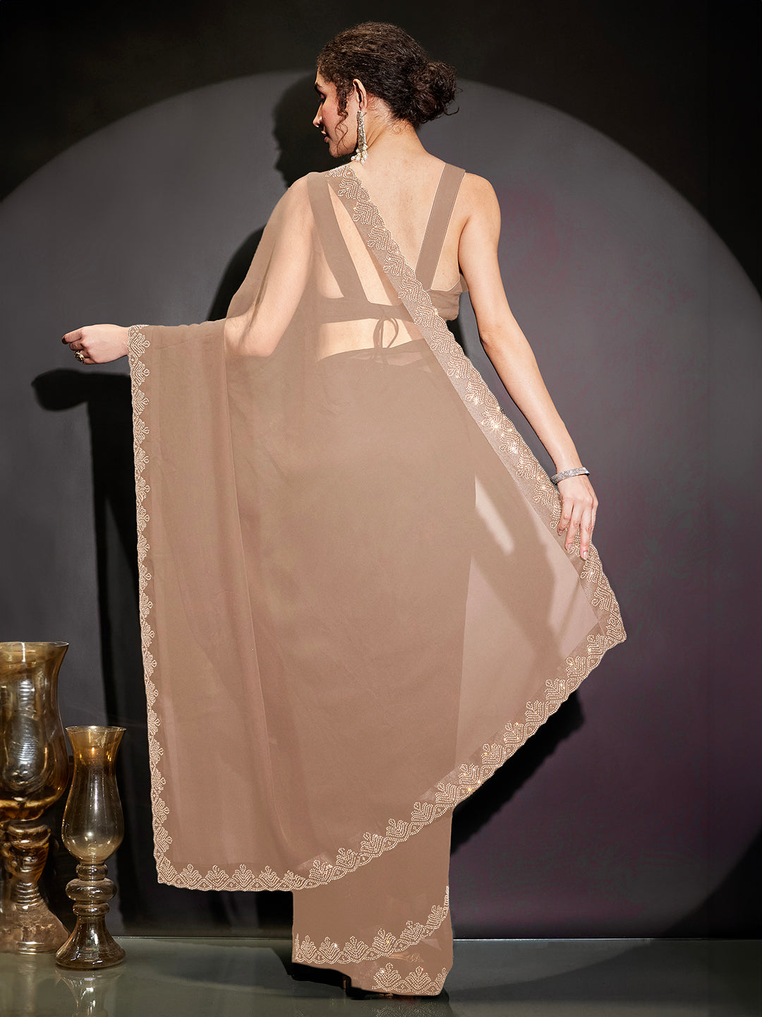 Janasya Women's Beige Georgette Ready To Wear Embellished Saree with Unstitched Blouse