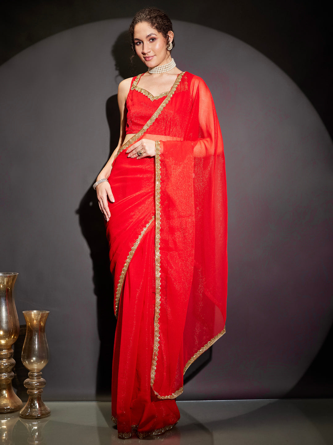 Janasya Women's Teal Green Silk Blend Ready To Wear Embellished Shimmer Saree with Unstitched Blouse