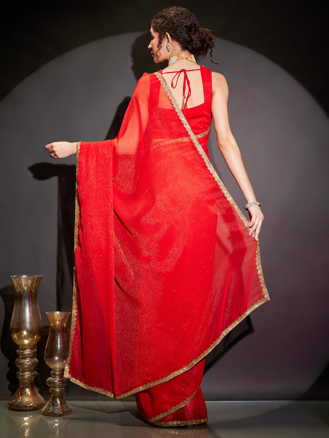 Janasya Women's Teal Green Silk Blend Ready To Wear Embellished Shimmer Saree with Unstitched Blouse