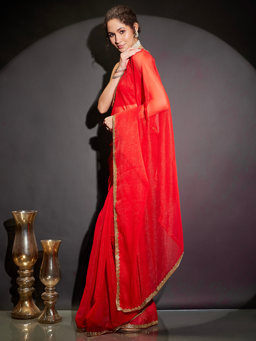 Janasya Women's Teal Green Silk Blend Ready To Wear Embellished Shimmer Saree with Unstitched Blouse