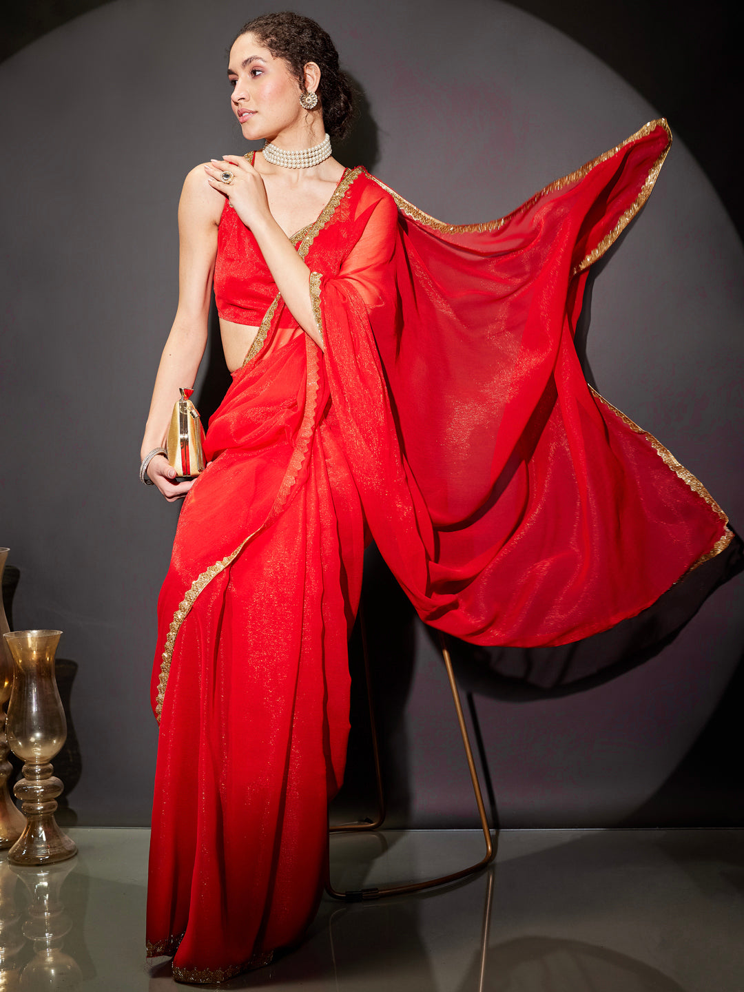 Janasya Women's Teal Green Silk Blend Ready To Wear Embellished Shimmer Saree with Unstitched Blouse