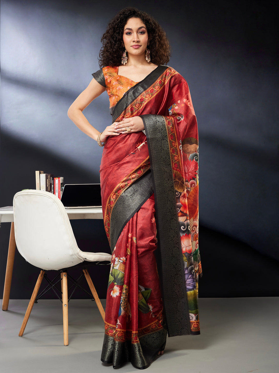 Janasya Women's Maroon Silk Blend Ready To Wear Pichwai Printed Saree With Unstitched Blouse