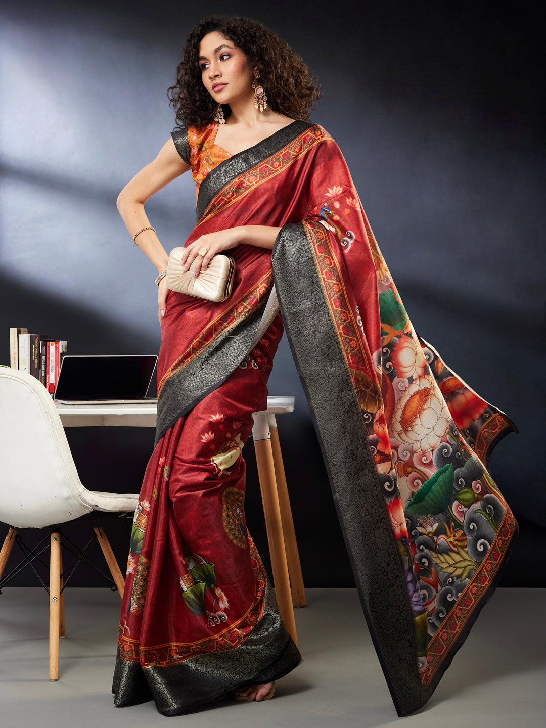Janasya Women's Maroon Silk Blend Ready To Wear Pichwai Printed Saree With Unstitched Blouse