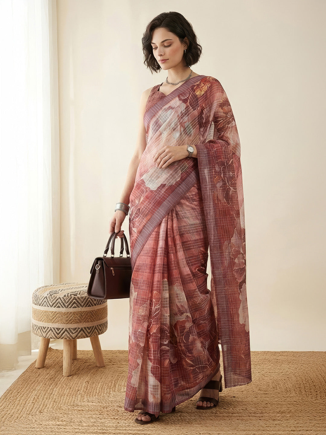 Janasya Women's Coral Lurex Cotton Blend Ready To wear Floral Printed Saree with Unstitched Blouse