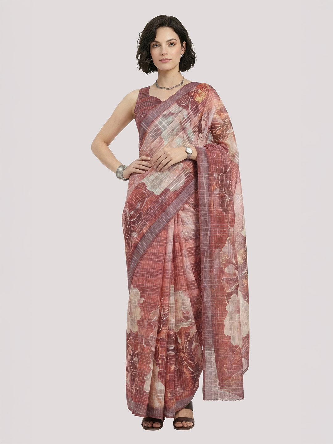 Janasya Women's Coral Lurex Cotton Blend Ready To wear Floral Printed Saree with Unstitched Blouse