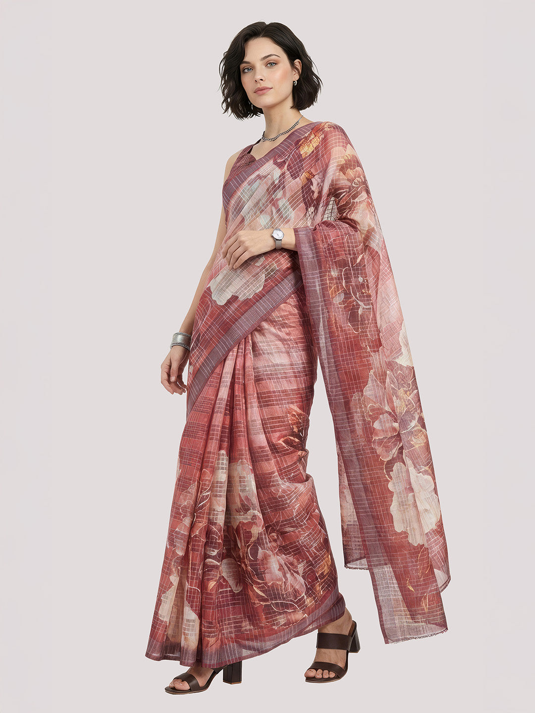 Janasya Women's Coral Lurex Cotton Blend Ready To wear Floral Printed Saree with Unstitched Blouse