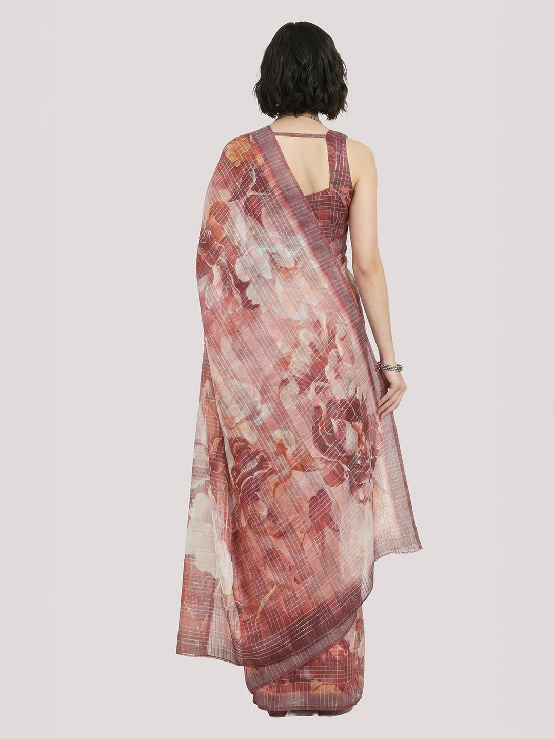 Janasya Women's Coral Lurex Cotton Blend Ready To wear Floral Printed Saree with Unstitched Blouse