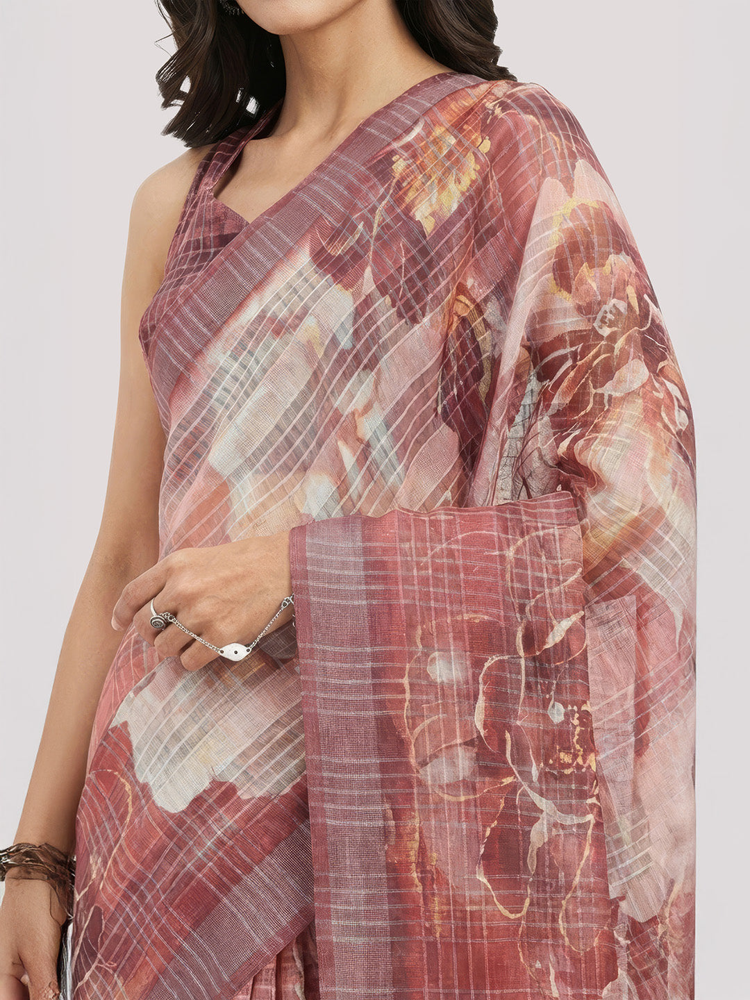 Janasya Women's Coral Lurex Cotton Blend Ready To wear Floral Printed Saree with Unstitched Blouse