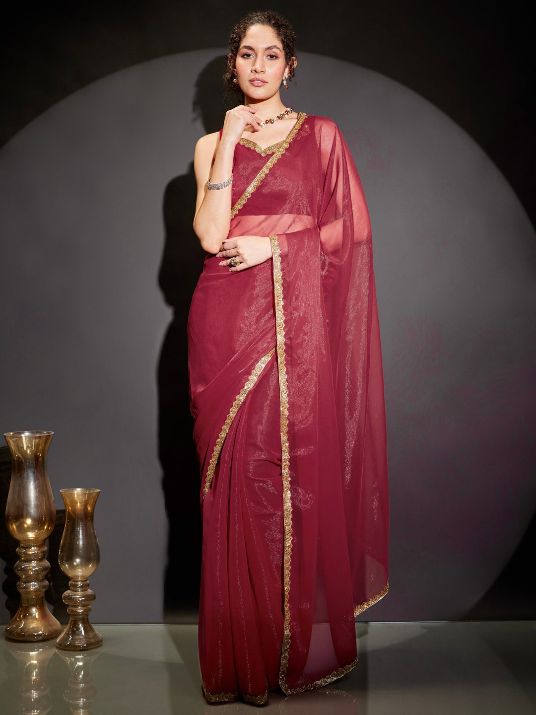 Janasya Women's Pink Silk Blend Ready To Wear Embellished Shimmer Saree with Unstitched Blouse
