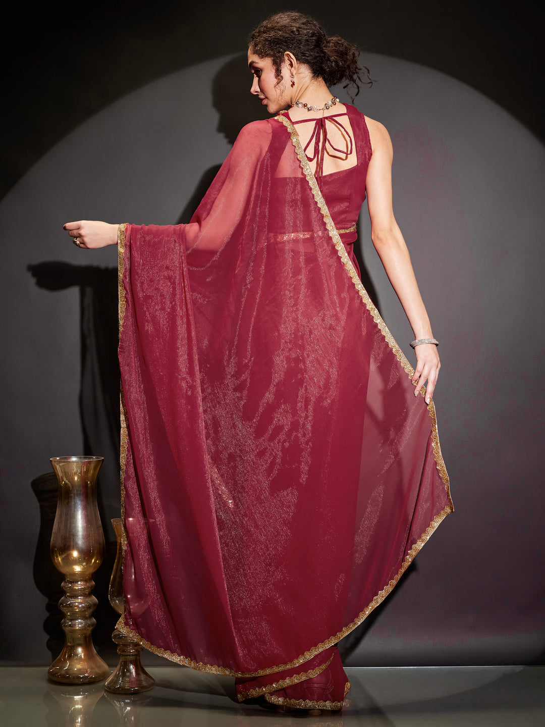 Janasya Women's Pink Silk Blend Ready To Wear Embellished Shimmer Saree with Unstitched Blouse