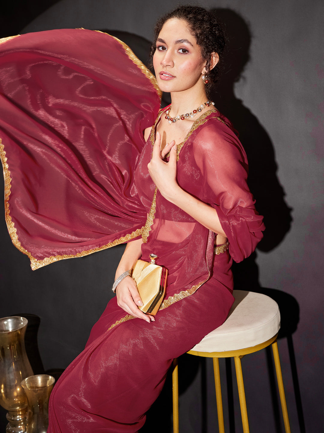 Janasya Women's Pink Silk Blend Ready To Wear Embellished Shimmer Saree with Unstitched Blouse