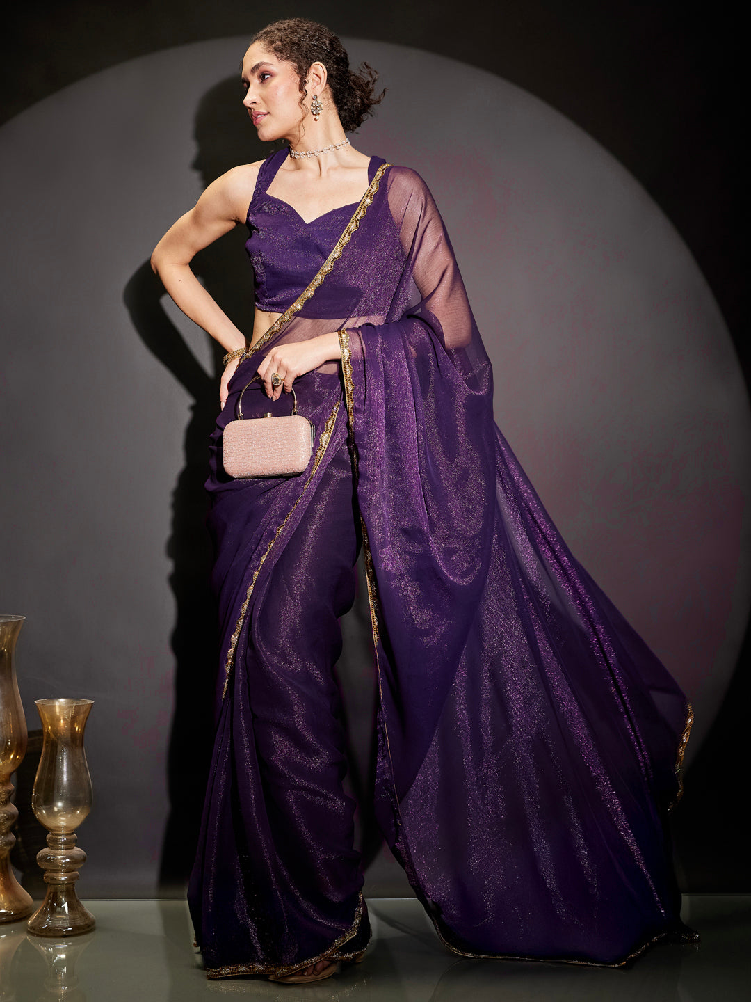 Janasya Women's Purple Silk Blend Ready To Wear Embellished Shimmer Saree with Unstitched Blouse