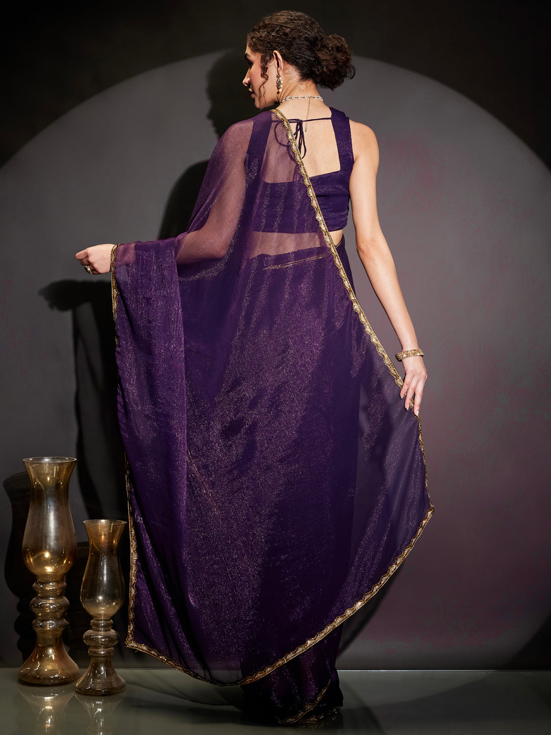 Janasya Women's Purple Silk Blend One-Minute Ready-to-Wear Embellished Shimmer Saree with Unstitched Blouse