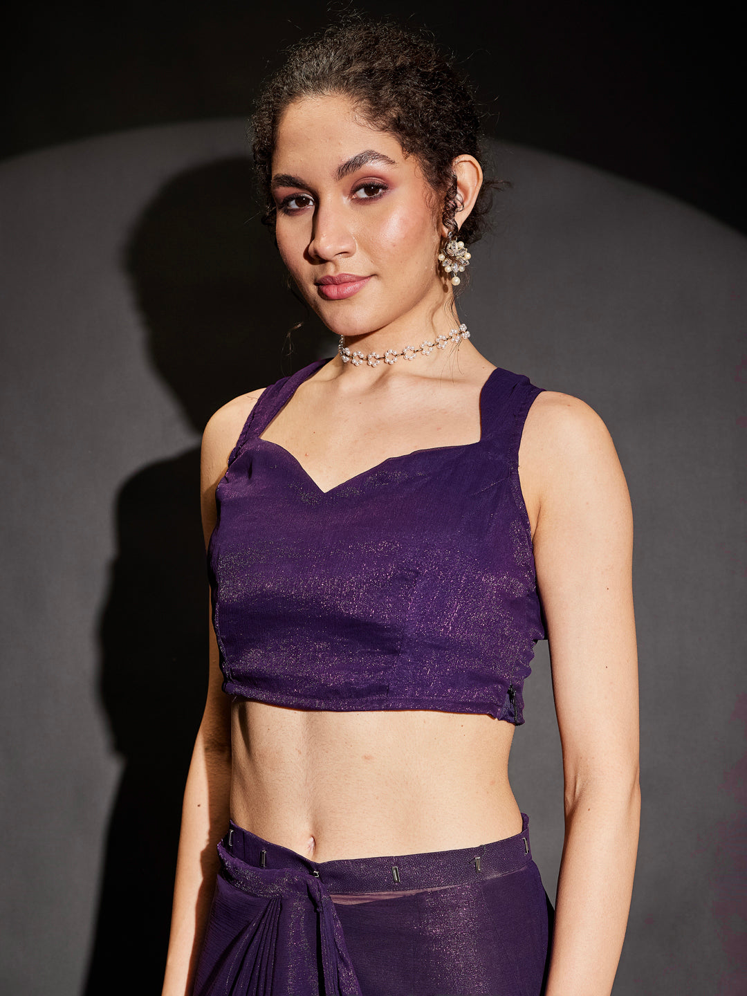 Janasya Women's Purple Silk Blend One-Minute Ready-to-Wear Embellished Shimmer Saree with Unstitched Blouse