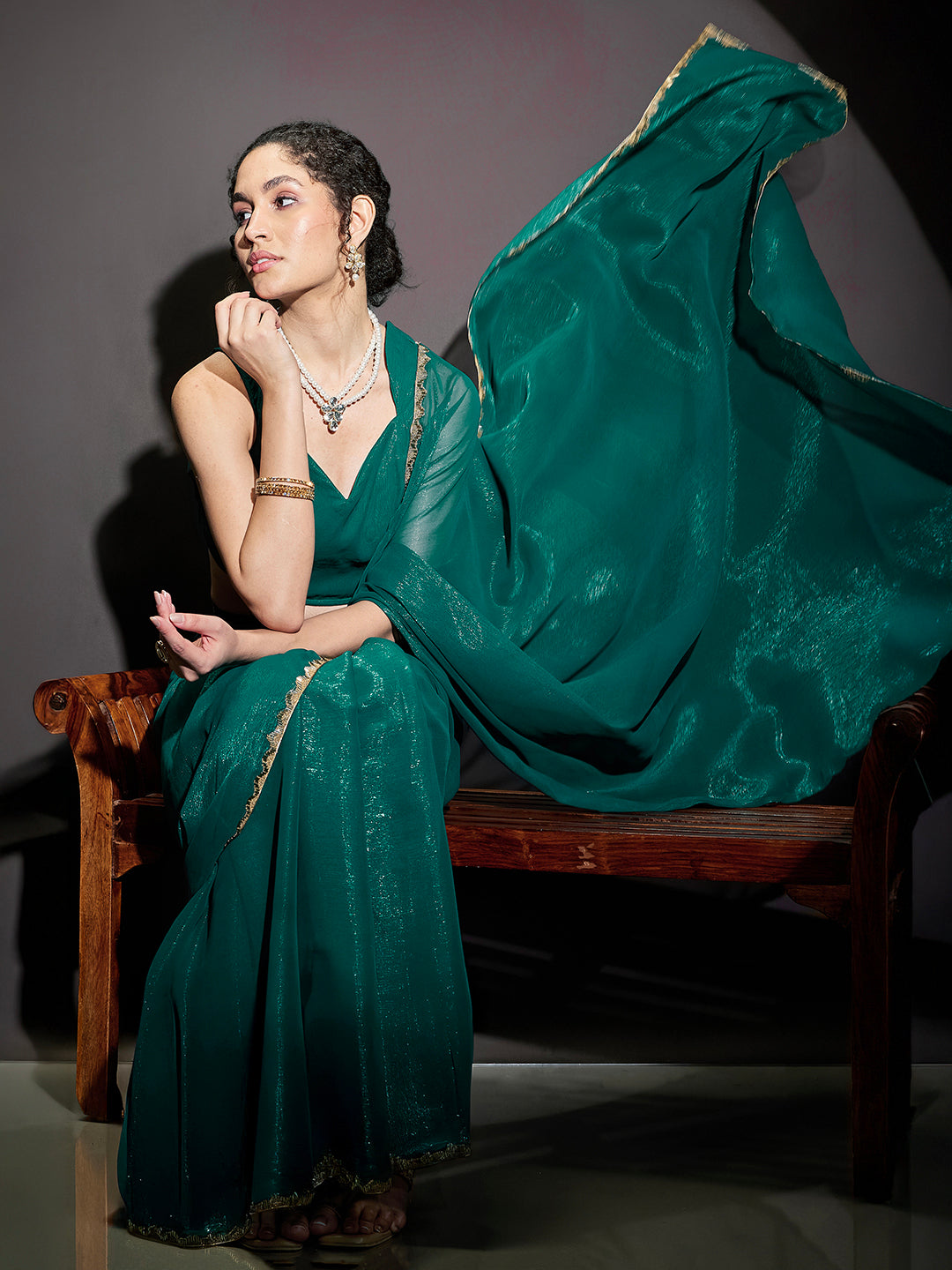 Janasya Women's Teal Green Silk Blend One-Minute Ready-to-Wear Embellished Shimmer Saree with Unstitched Blouse