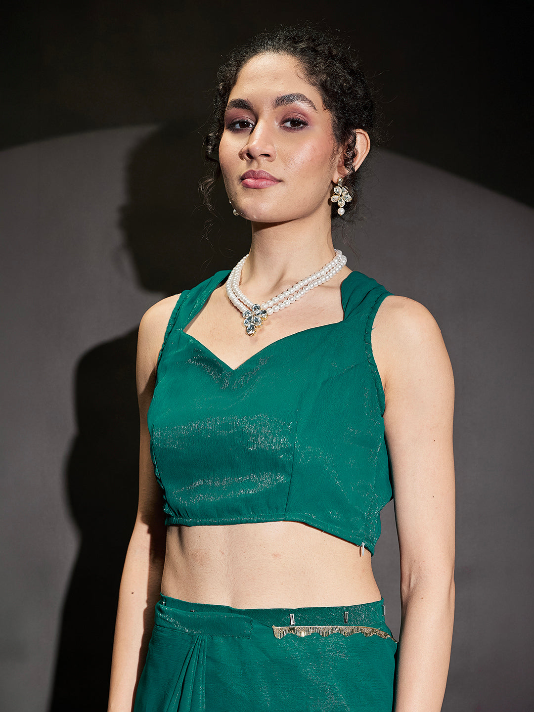Janasya Women's Teal Green Silk Blend One-Minute Ready-to-Wear Embellished Shimmer Saree with Unstitched Blouse