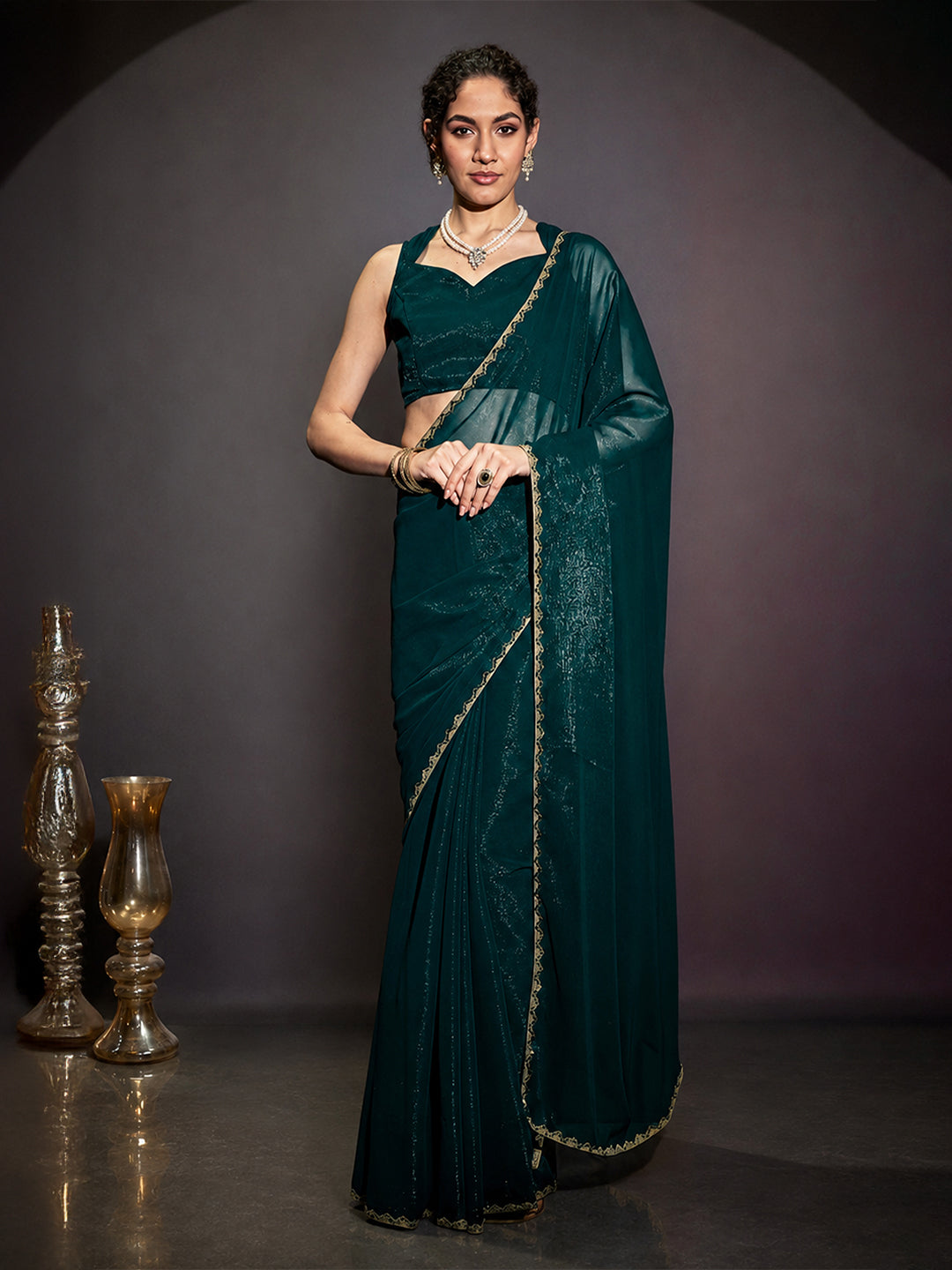 Janasya Women's Teal Blue Silk Blend One-Minute Ready-to-Wear Embellished Shimmer Saree with Unstitched Blouse