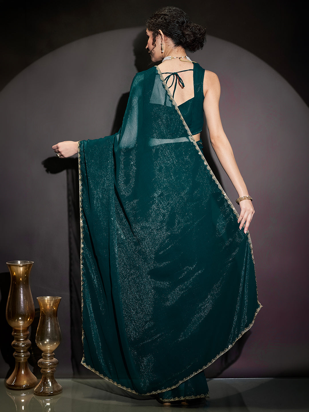 Janasya Women's Teal Blue Silk Blend One-Minute Ready-to-Wear Embellished Shimmer Saree with Unstitched Blouse