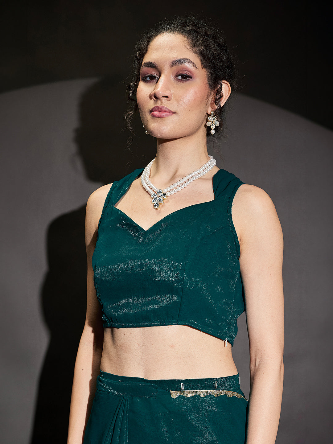 Janasya Women's Teal Blue Silk Blend One-Minute Ready-to-Wear Embellished Shimmer Saree with Unstitched Blouse