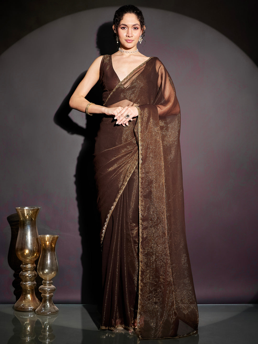 Janasya Women's Brown Silk Blend One-Minute Ready-to-Wear Embellished Shimmer Saree with Unstitched Blouse