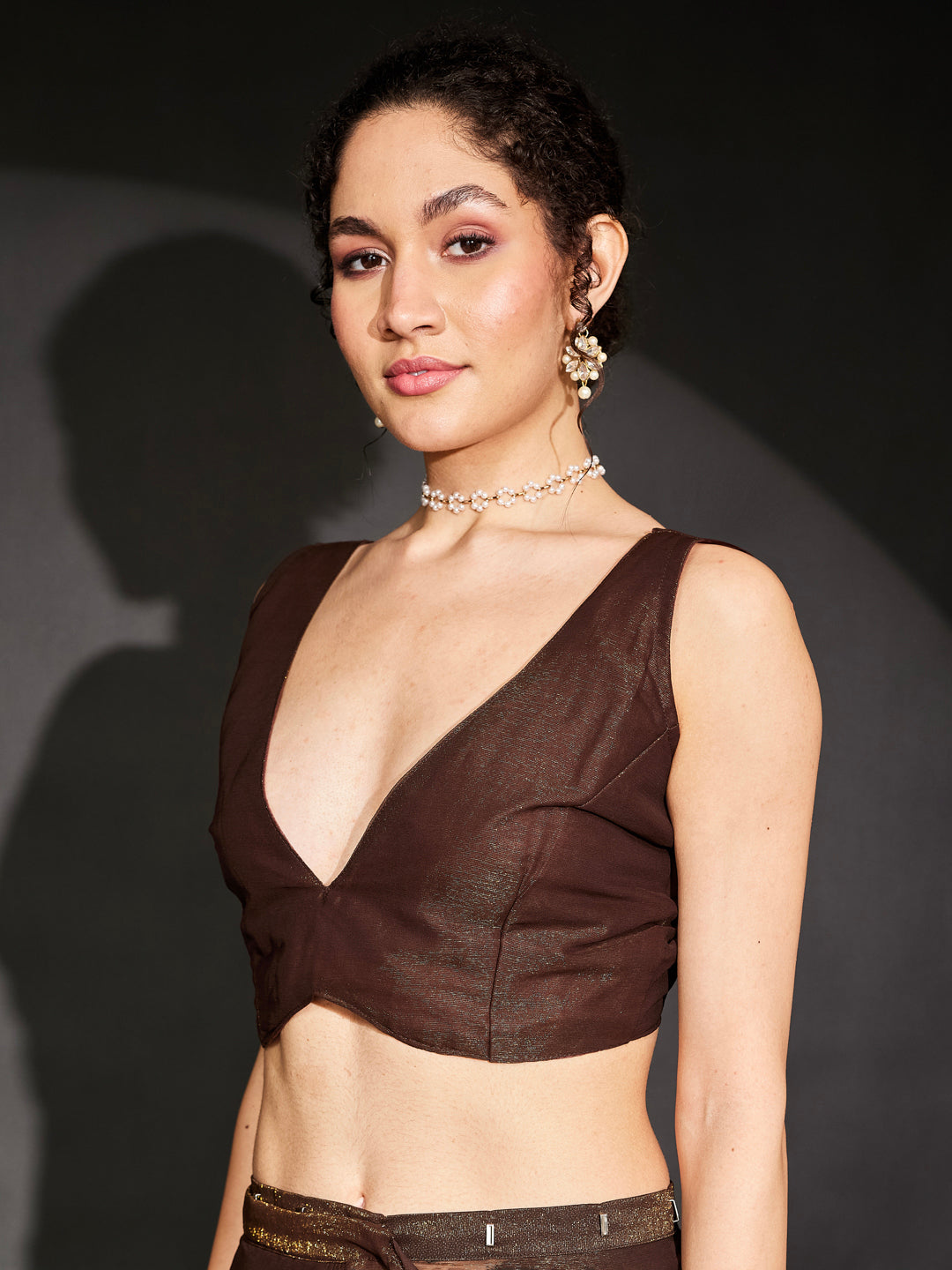 Janasya Women's Brown Silk Blend Ready To Wear Embellished Shimmer Saree with Unstitched Blouse