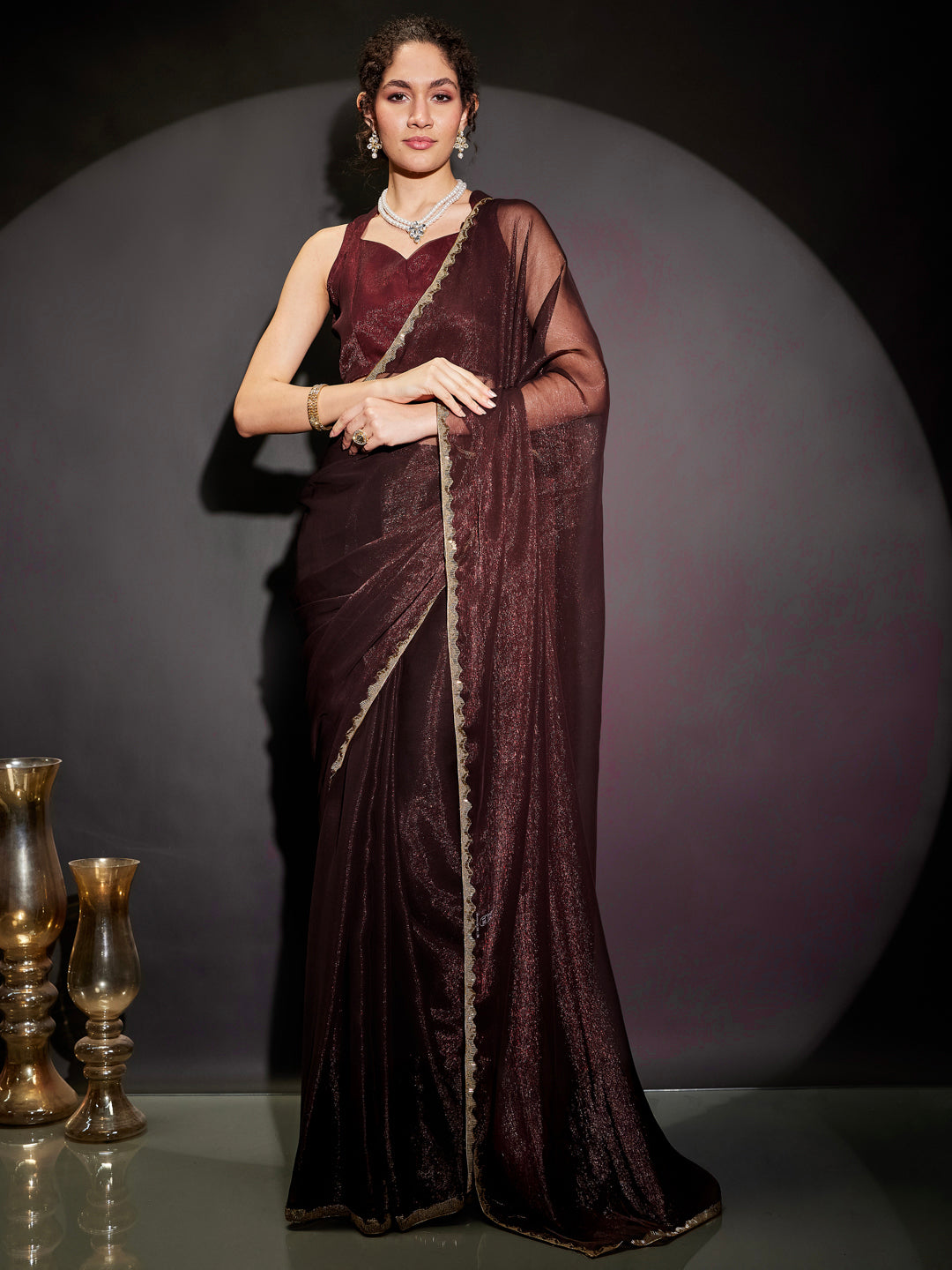 Janasya Women's Burgundy Silk Blend Ready To Wear Embellished Shimmer Saree with Unstitched Blouse