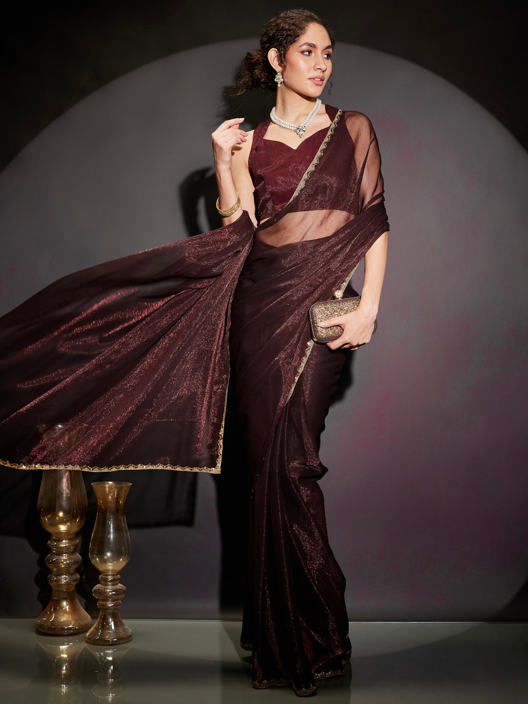 Janasya Women's Burgundy Silk Blend Ready To Wear Embellished Shimmer Saree with Unstitched Blouse