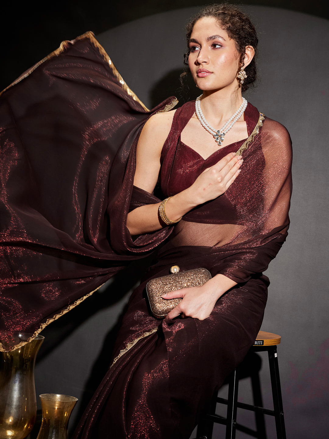 Janasya Women's Burgundy Silk Blend Ready To Wear Embellished Shimmer Saree with Unstitched Blouse