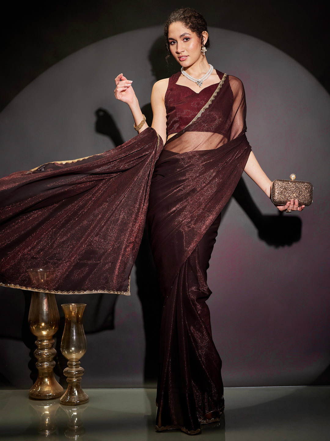 Janasya Women's Burgundy Silk Blend Ready To Wear Embellished Shimmer Saree with Unstitched Blouse