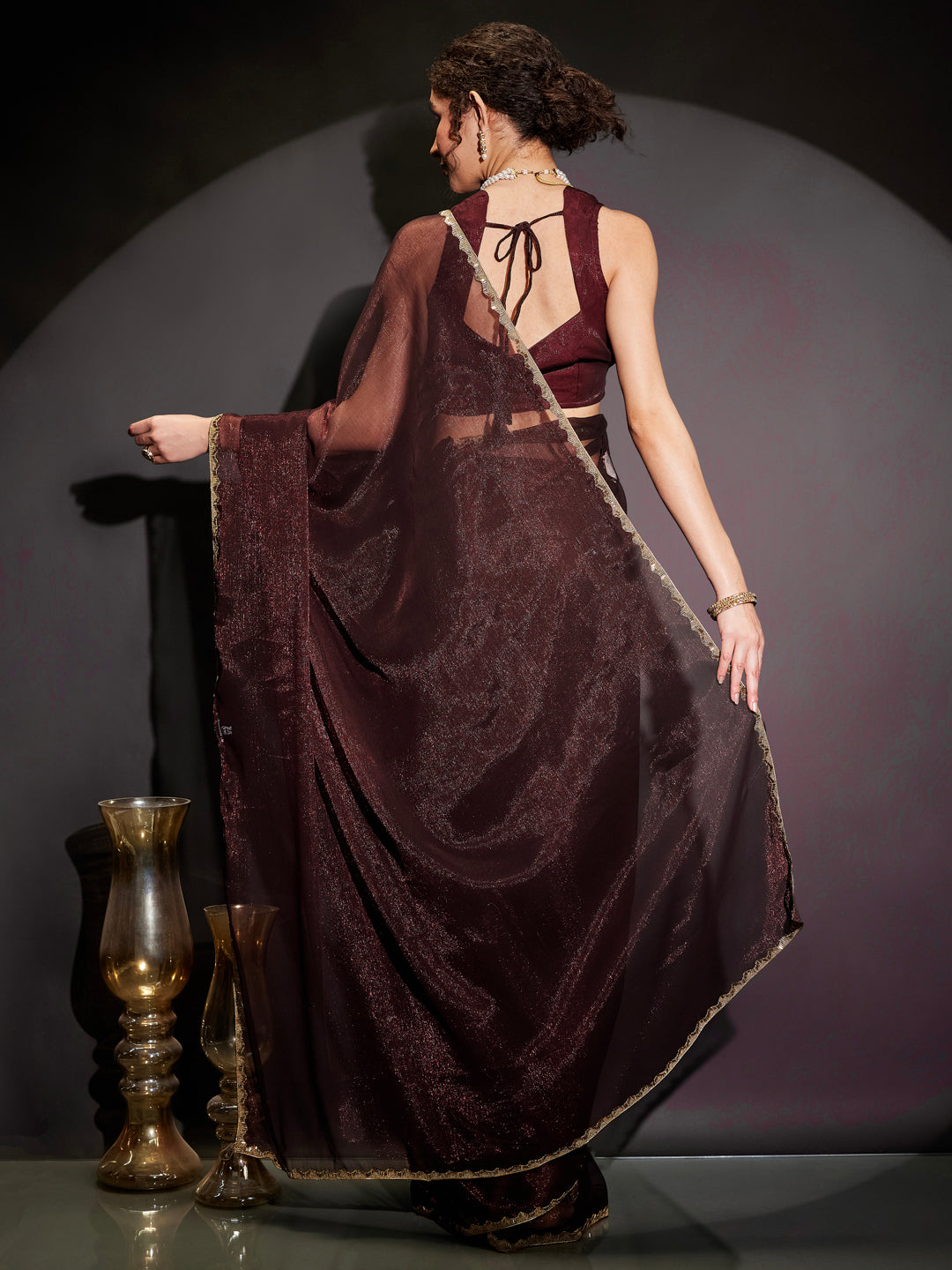 Janasya Women's Burgundy Silk Blend Ready To Wear Embellished Shimmer Saree with Unstitched Blouse