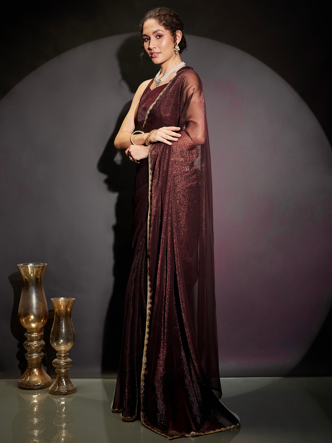 Janasya Women's Burgundy Silk Blend Ready To Wear Embellished Shimmer Saree with Unstitched Blouse