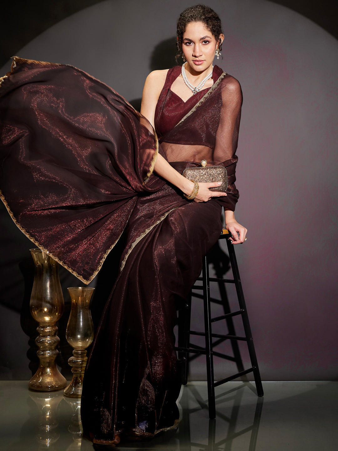 Janasya Women's Burgundy Silk Blend Ready To Wear Embellished Shimmer Saree with Unstitched Blouse