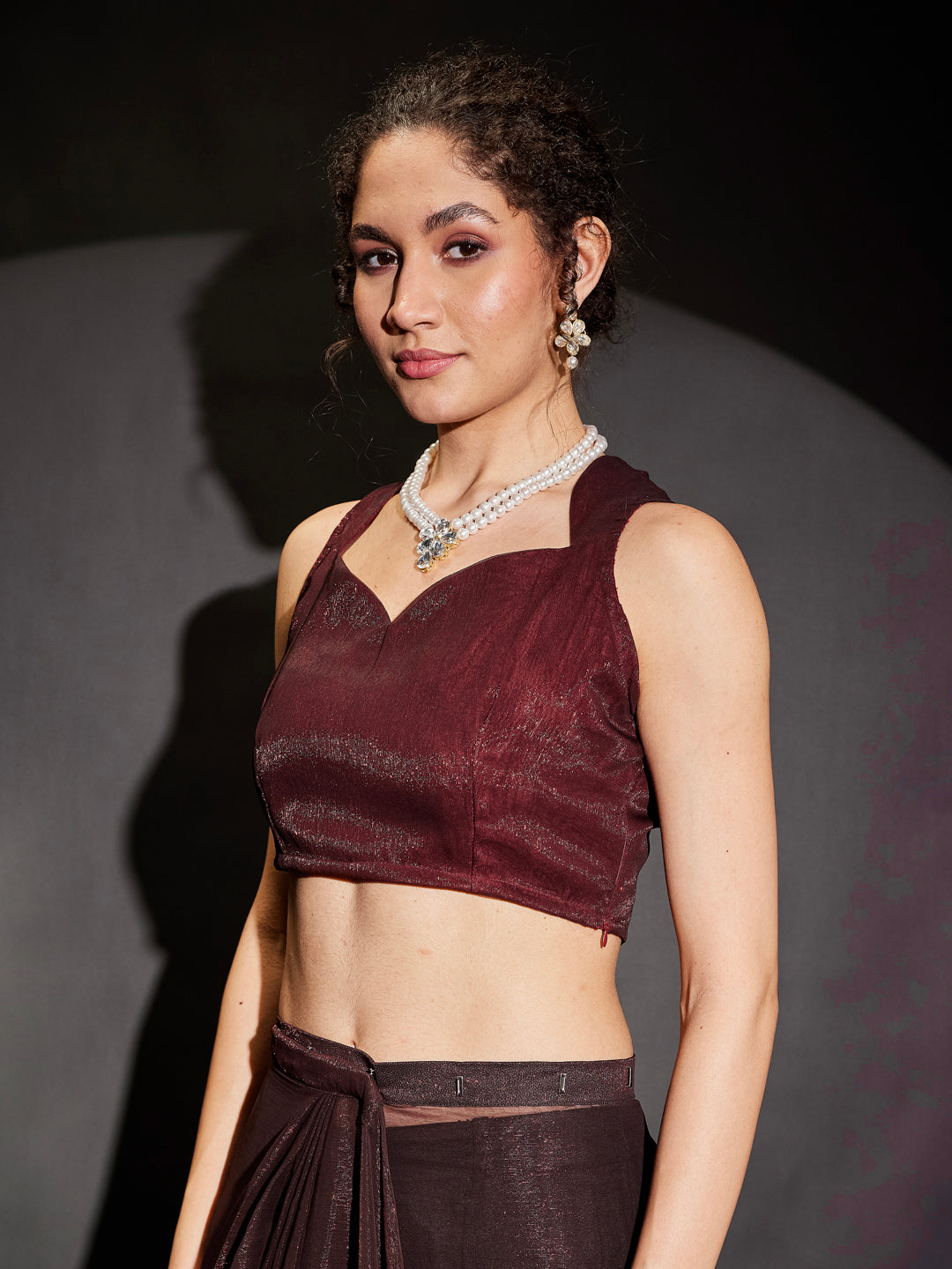 Janasya Women's Burgundy Silk Blend Ready To Wear Embellished Shimmer Saree with Unstitched Blouse