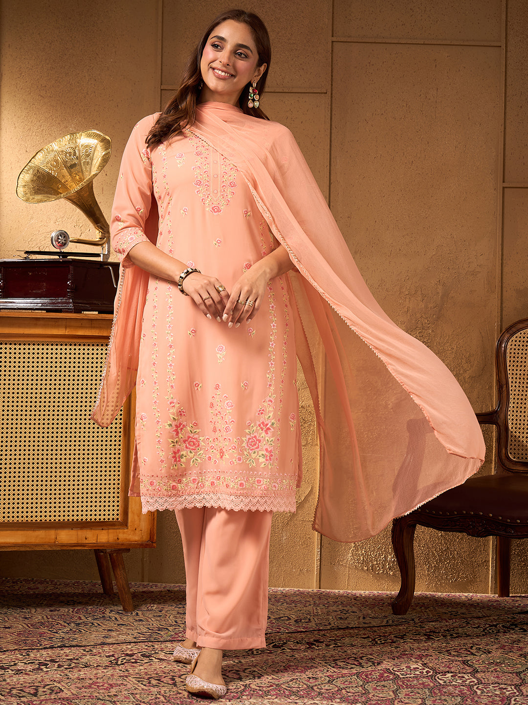 Janasya Women's Peach Georgette Floral Rubber Printed Straight Kurta Set with Solid Dupatta